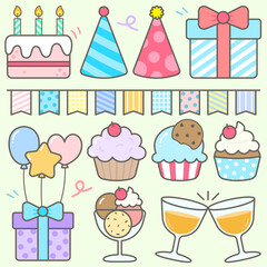 Kids hand drawn kawaii birthday party cute elements set vector illustration