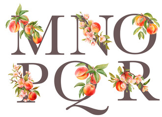 Set of floral letters M-R with blooming peach tree branches and fruits, isolated illustration on white background, for wedding monogram, greeting cards, logo