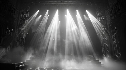 Stage Truss with Sharp Corner 3D Image,
Background image of dark stage with lights for composition
 - obrazy, fototapety, plakaty