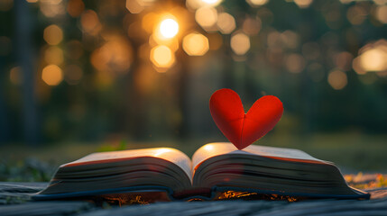 A red paper heart placed on an open book, symbolizing love and passion. Suitable for Valentine's Day greetings or educational concepts. - obrazy, fototapety, plakaty