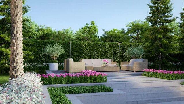 Animation of modern contemporary loft style terrace with outdoor rattan furniture 3d render, There are concrete steps, decorated with Beautiful pink flower overlooking nature view background