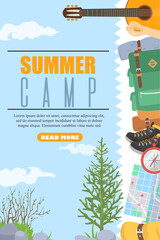Summer camp web banner decorated with different traveling accessories - obrazy, fototapety, plakaty