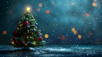 Christmas tree with colorful decorations on dark blue background with bokeh lights and copy space...
