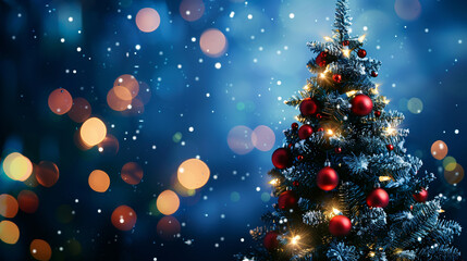 Christmas tree with colorful decorations on dark blue background with bokeh lights and copy space...
