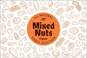 Vector mixed nuts label. Nuts seeds, kernels and shells hand-drawn vector icons