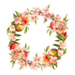 Watercolor wreath with peaches tree blooming branches and fruits, isolated illustration for wedding and holiday cards, kitchen design, posters