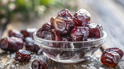 A bowl of fresh, juicy dates on a clean white background, highlighting the nutritious and wholesome aspect of this sweet fruit.
