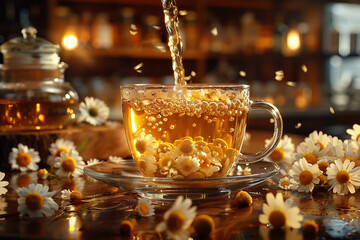 Camomile herbal tea pouring in a transparent cup, close-up view, generative ai