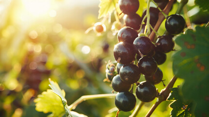 Farming concept - black currant berries growing on branch