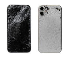 Broken cracked curved phone smartphone closeup isolated on white background with shadow, front and...