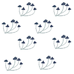 Seamless floral forest transparent pattern with mushrooms. Children's stylized pencil illustration for textile and paper design.