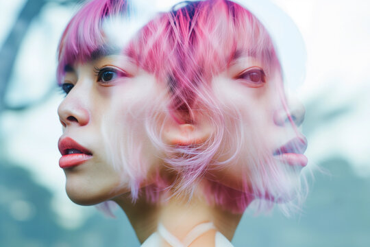 Dreamlike double exposure portrait with pink hair. Generative AI image