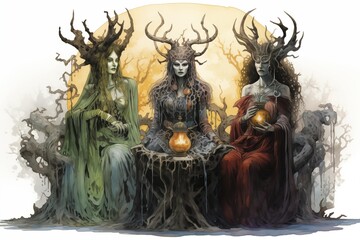 Illustration of the Norns in front of the Moon on a White Background