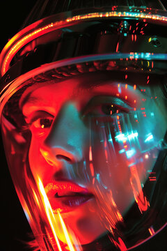 Futuristic portrait of person in illuminated helmet. Generative AI image