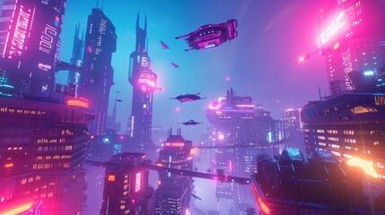 Neon-colored flying objects in a futuristic cityscape   AI generated illustration - obrazy, fototapety, plakaty