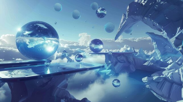 Fototapeta Mysterious 3d art featuring floating elements in a futuristic scene  AI generated illustration