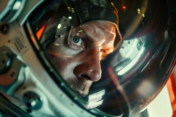 Close-up Shot of Astronaut with Helmet Reflection. Generative AI image