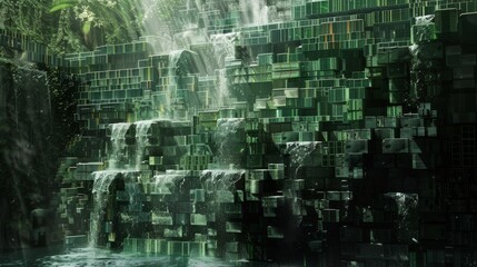 Pixelated banknotes cascading down like a digital waterfall   AI generated illustration