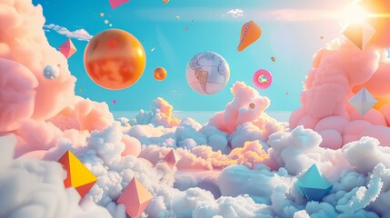 Playful 3d render of floating objects in a surreal sky   AI generated illustration