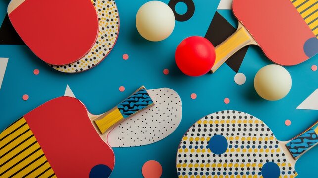 Ping pong paddles and balls in a retro Memphis-inspired pattern   AI generated illustration
