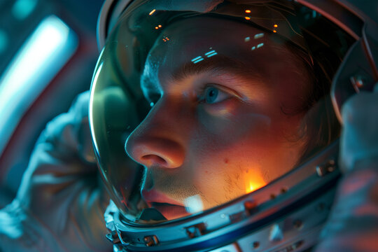 Astronaut gazing intently in a space helmet. Generative AI image