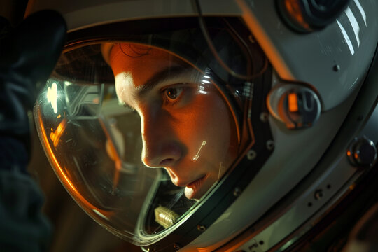 Close-up of an astronaut in a space helmet. Generative AI image
