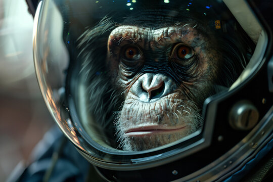 Thoughtful chimpanzee astronaut in space helmet. Generative AI image