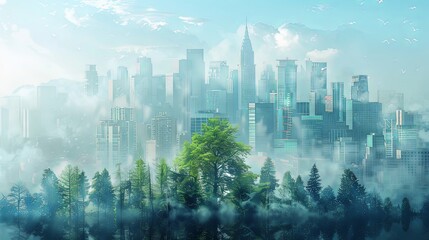 Panomamic cityscape with double exposure overlay of green summer forest vegetation