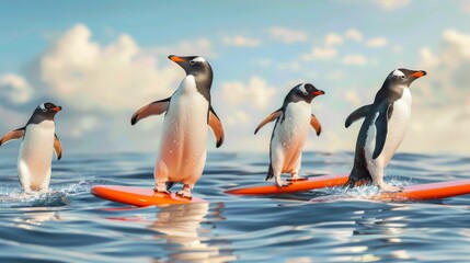 Fototapeta premium Playful penguins on flying surfboards AI generated illustration
