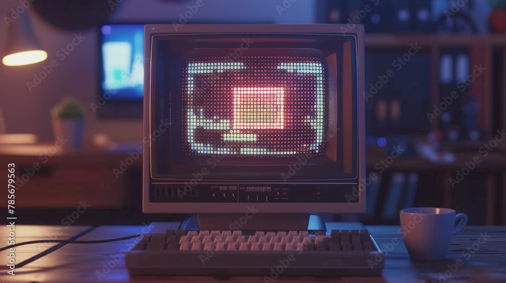 Poster retro computer monitor with pixelated graphics ai generated illustration