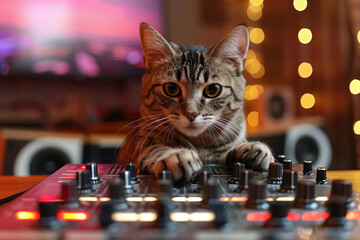 Cat as a DJ in front of a mixing console with bokeh lights. Generative AI image