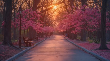 Pathway through park with pink flowering blooming trees with sunset light. Coziness and tranquility