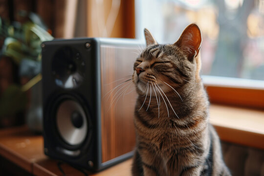 Contented cat enjoying music next to a speaker. Generative AI image