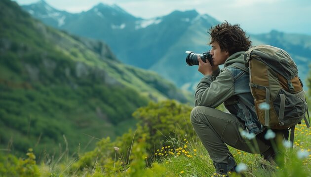 Young man, photographer sitting on top of green peak and taking photos of mountains, nature landscape with professional camera
