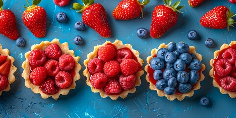 A blue background with a row of small tarts with blueberries and raspberries - obrazy, fototapety, plakaty