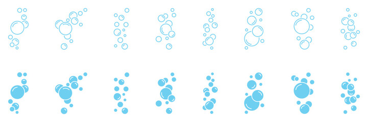 Set of round bubble soap icons. Bubbles of foam, oxygen, soap. Fizzy drink symbol, champagne, laundry. Water bubble, aquarium, effervescent effect. Clean water, clear aqua, soda.
