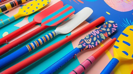 Rowing oars and shells in a vibrant Memphis-style design   AI generated illustration