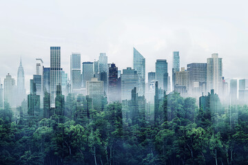 Fototapeta premium A city skyline is shown with trees in the foreground and a foggy atmosphere. The city appears to be a mix of urban and natural elements, creating a unique and interesting scene