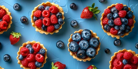 A blue background with a small tarts with blueberries and raspberries - obrazy, fototapety, plakaty