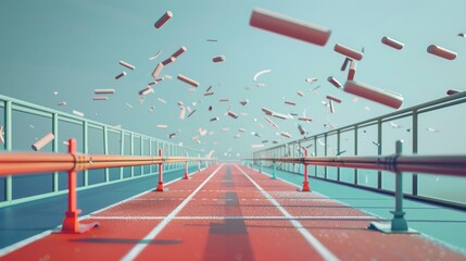 Running tracks and hurdles floating in mid-air   AI generated illustration - obrazy, fototapety, plakaty