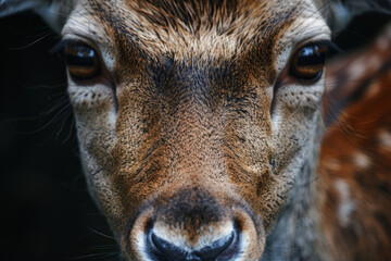 A deer with brown fur and white spots is staring at the camera. The image has a moody and mysterious feel to it, as if the deer is looking directly into the viewer's soul