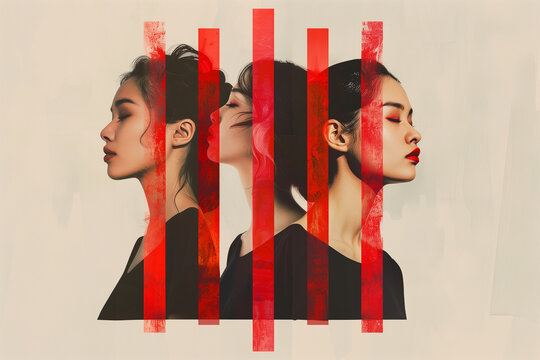 Creative portrait of a woman with abstract red lines. Generative AI image