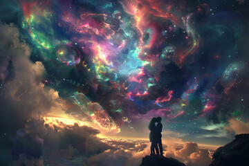 A couple is standing on a mountain top, looking up at a colorful sky filled with stars. The sky is so vast and beautiful that it seems to be a perfect place for the couple to share a romantic moment
