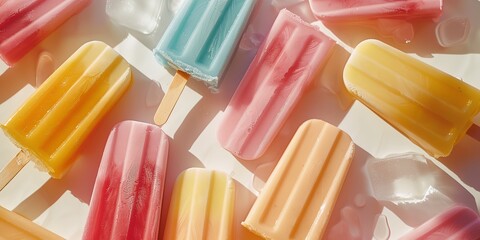 Popsicles on table, colorful natural summer ice cream - obrazy, fototapety, plakaty