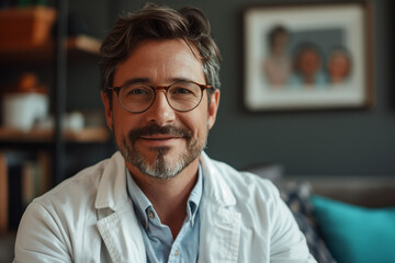 Smiling man with glasses exuding positive mental well-being. Generative AI image