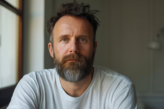 Pensive bearded man gazing with a subtle smile. Generative AI image