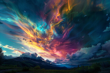 A colorful sky with a rainbow and clouds. The sky is filled with a variety of colors, including blue, green, and purple. The clouds are fluffy and spread out, creating a sense of depth and movement - obrazy, fototapety, plakaty