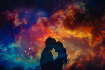 A couple is shown in a colorful sky, with the man and woman embracing each other. Concept of love and warmth, as the couple is surrounded by a vibrant and dynamic backdrop
