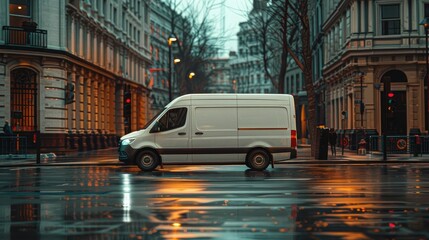 Obraz premium A white van drives through the city in the rain, in a wide shot. Cargo delivery in the city