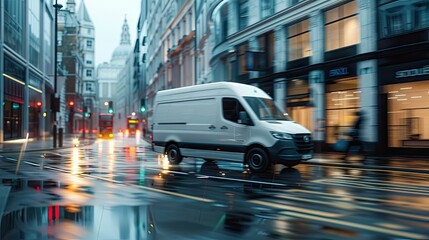 A white van drives through the city in the rain, in a wide shot. Cargo delivery in the city